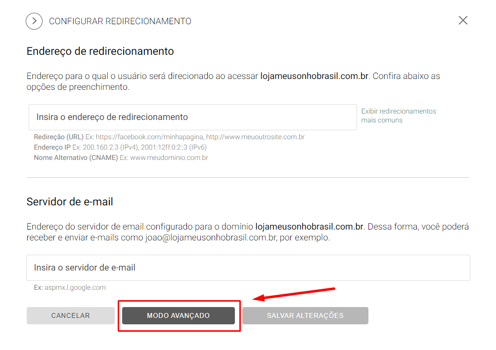 Acessar modo avançado