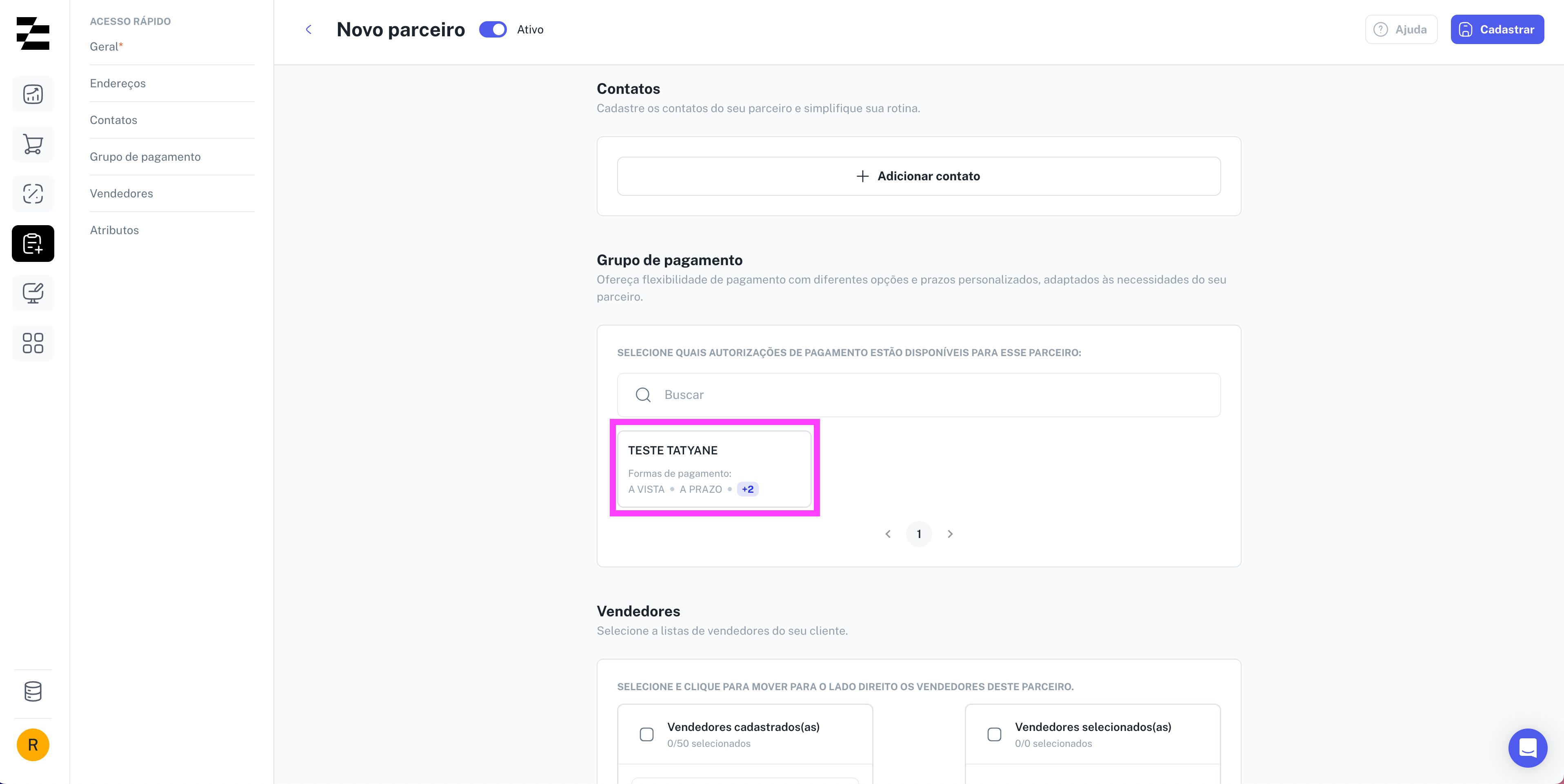 Tela de cadastro de clientes e formas de pagamento