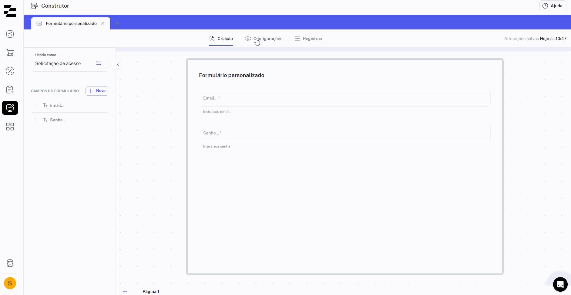 GIF de configurações do formulário