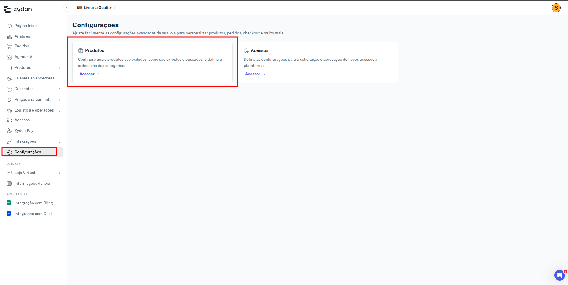 Menu de configurações de produtos