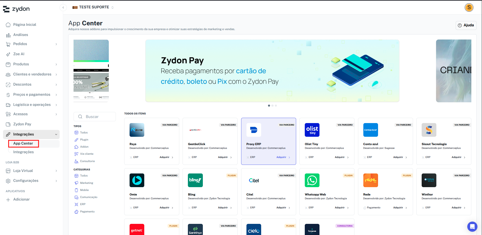 Tela de Aplicativos no App Center
