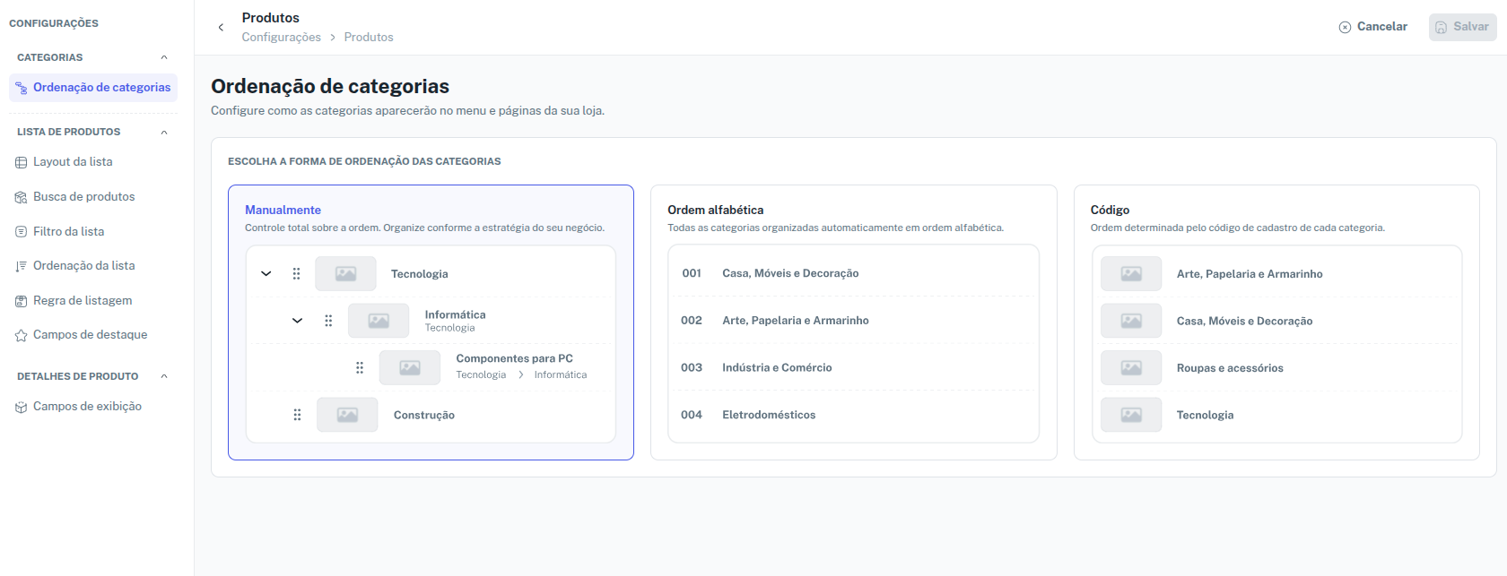 Configuração de categorias