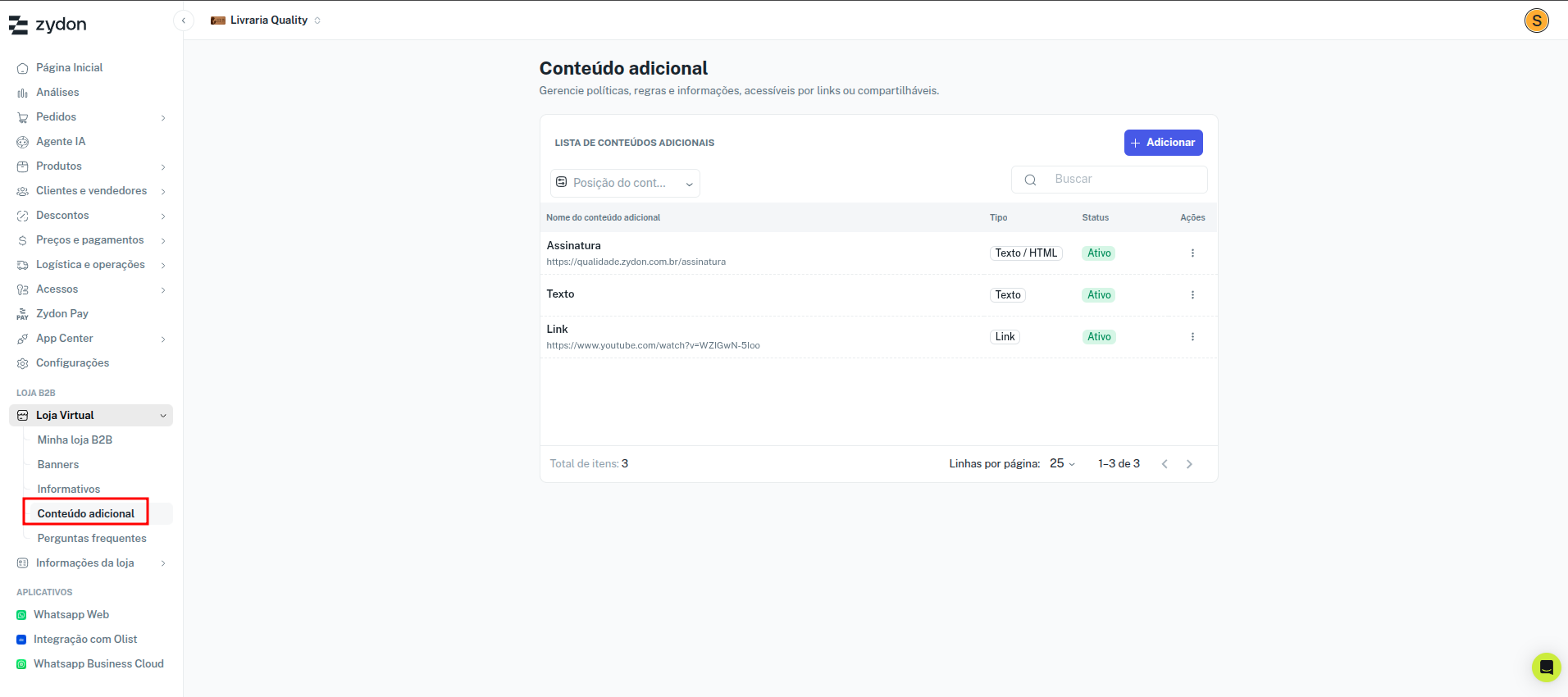 Tela de listagem de conteúdo adicional