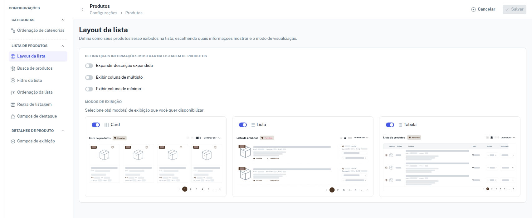 Layout da lista de produtos