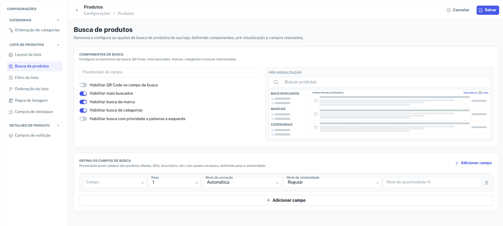 Configurações de busca