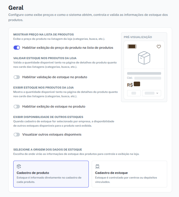 Configurações de preço e estoque