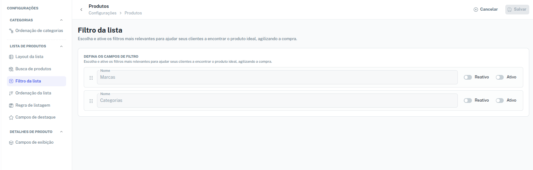 Configuração de filtros