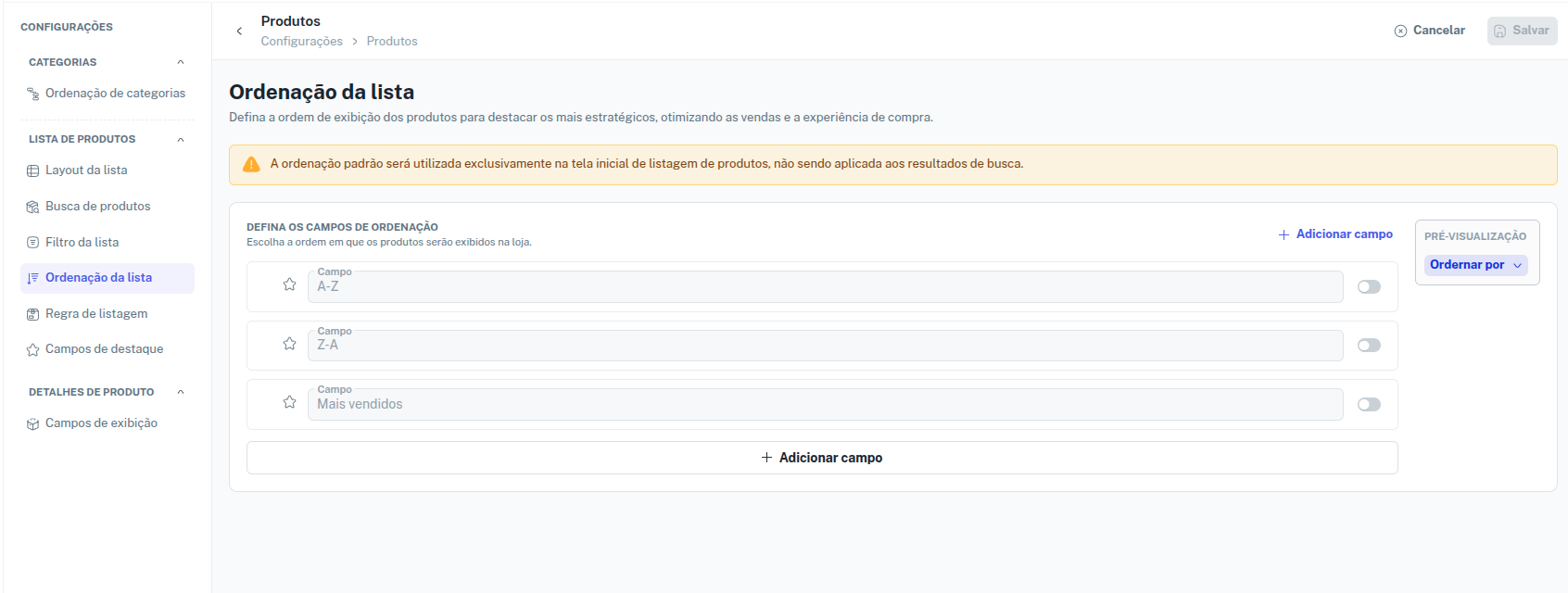 Configuração de ordenação