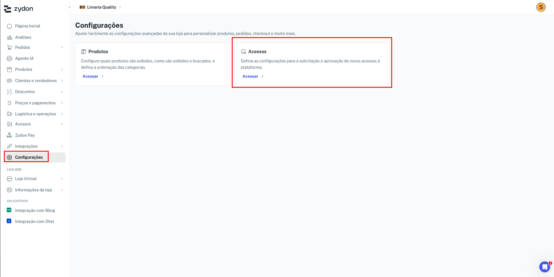 Tela de Acessos no menu Configurações