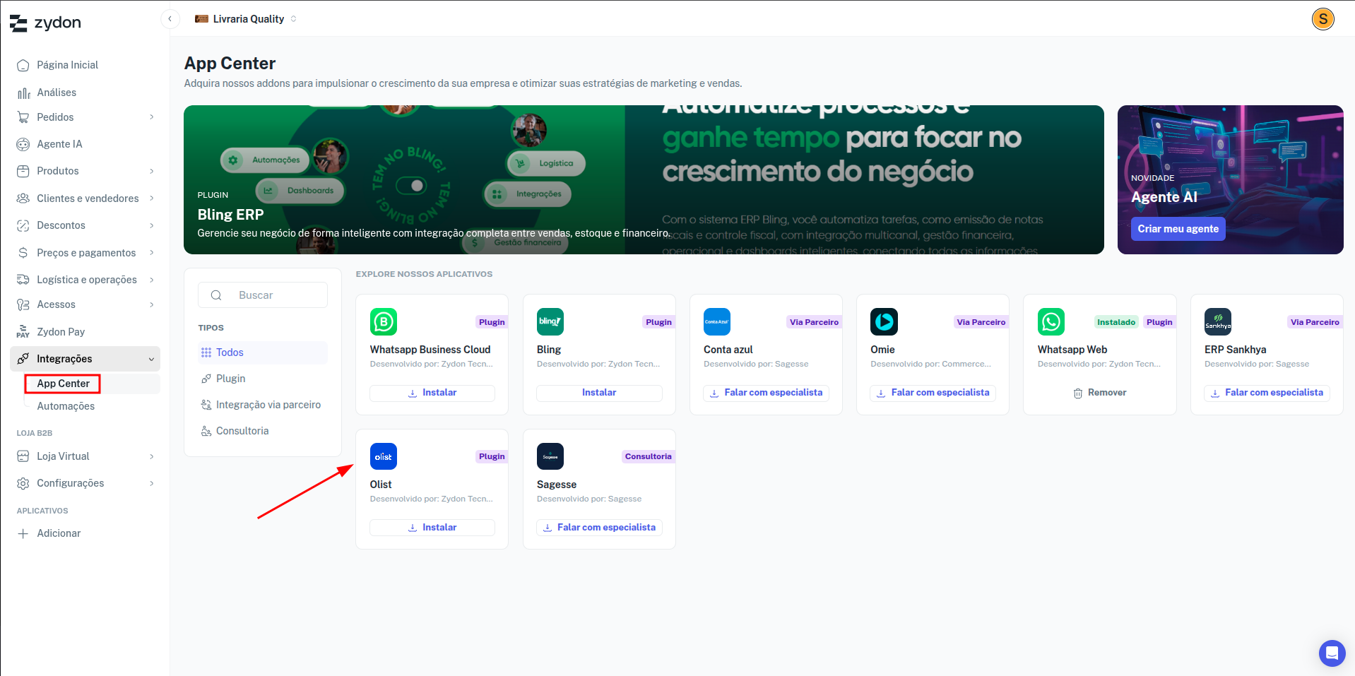 Tela de instalação Olist