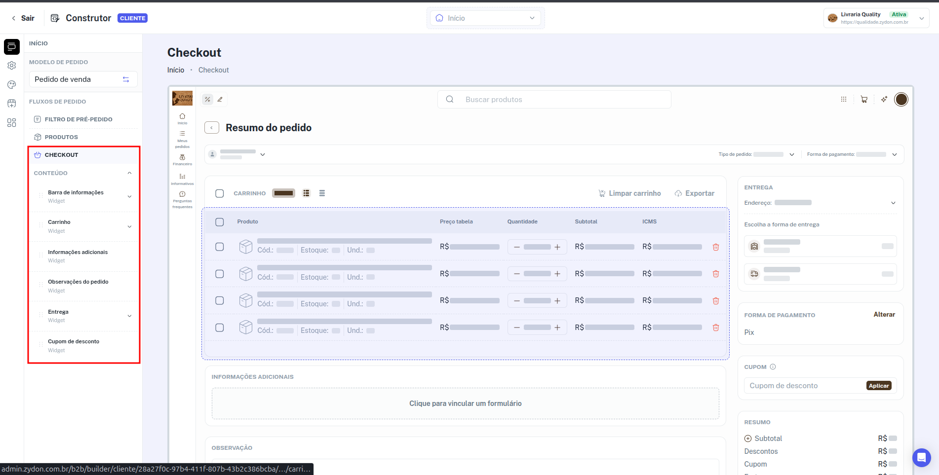 Tela de menu de Checkout