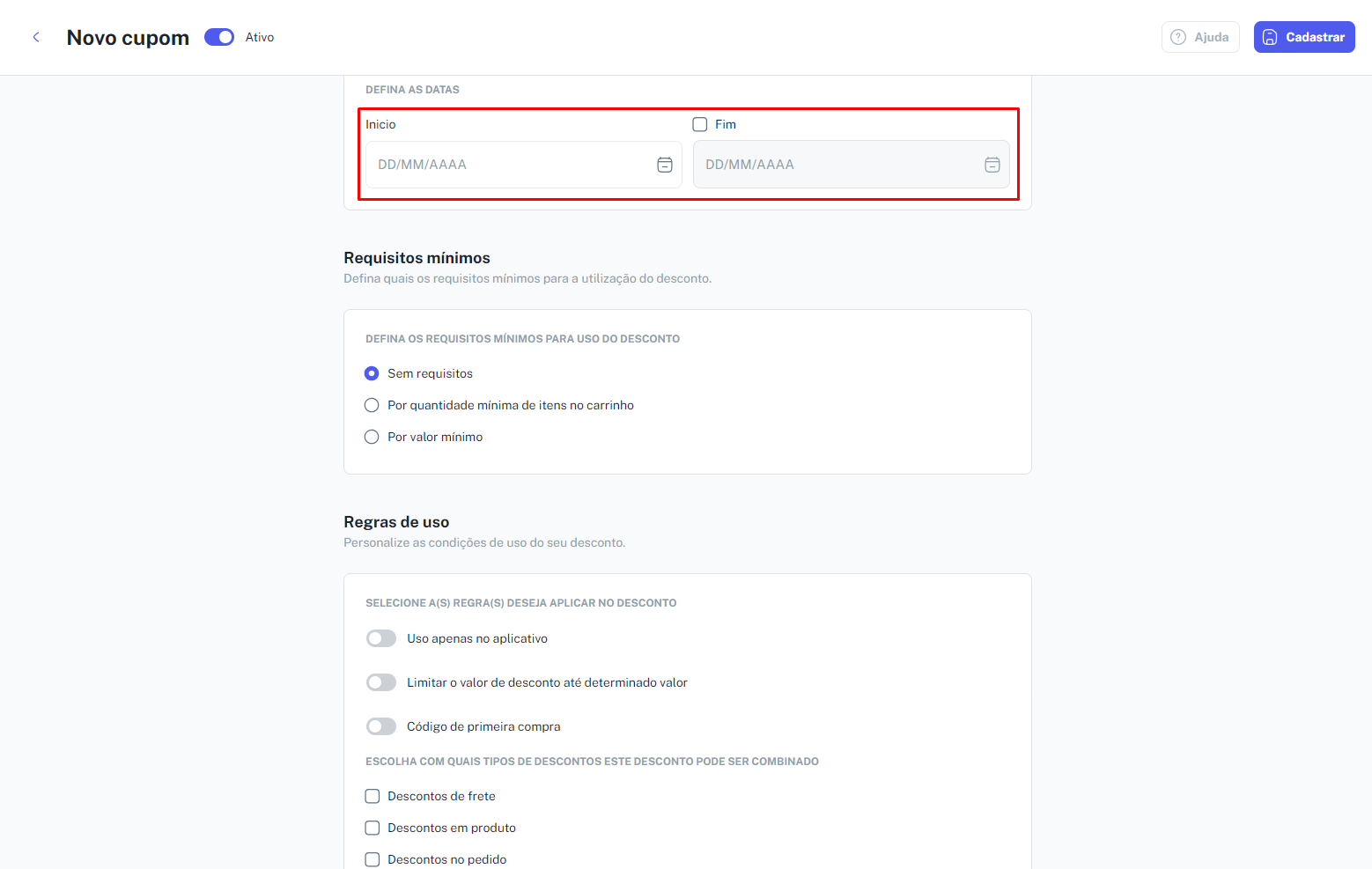 Configuração de validade