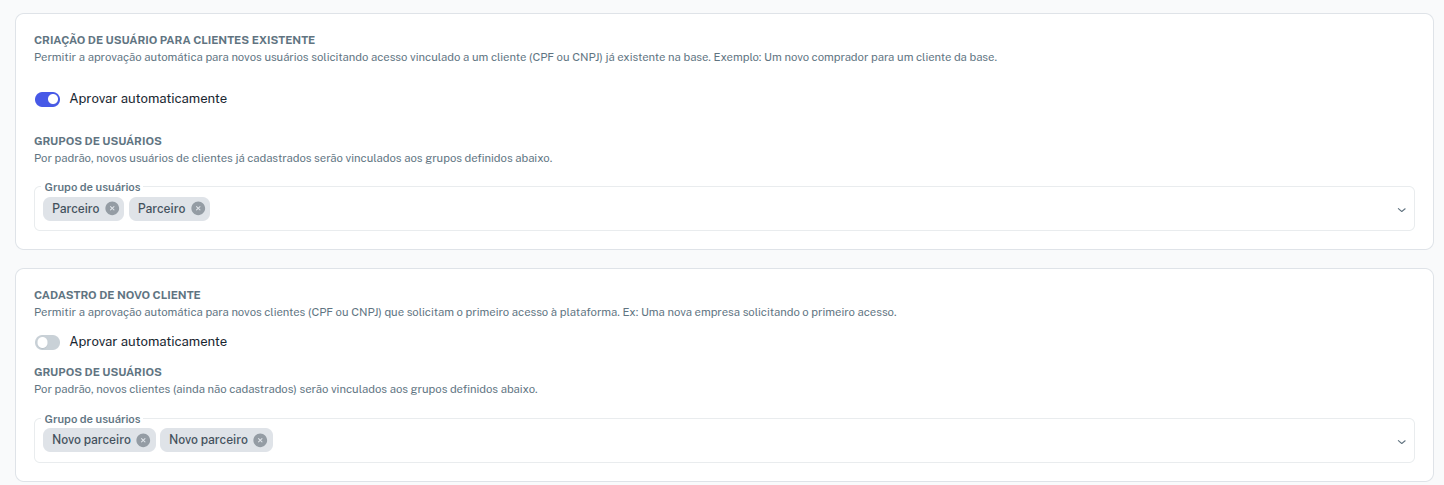 Configurações de aprovação e grupos