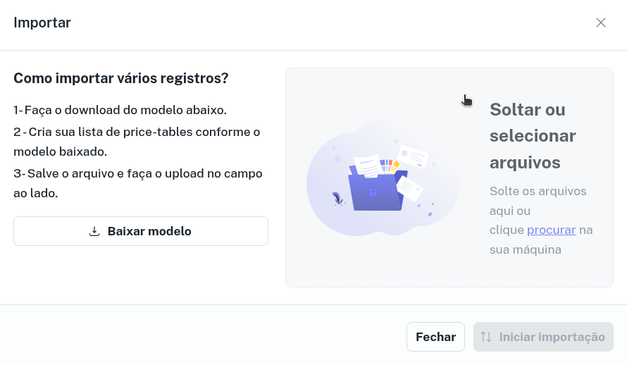 Exemplo de modal de importação