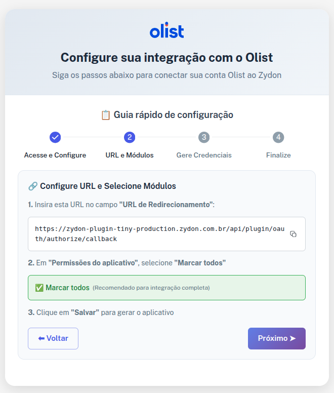 Configuração de módulos no Olist