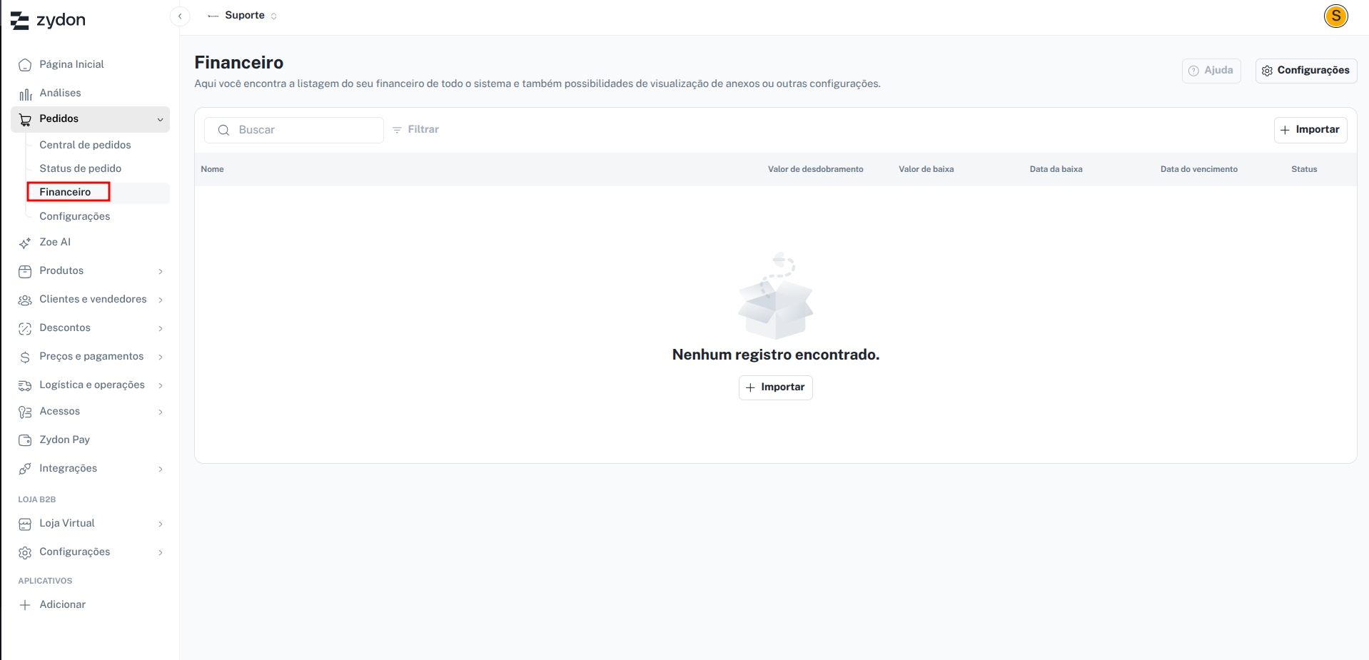 Tela de Financeiro no Zydon Admin