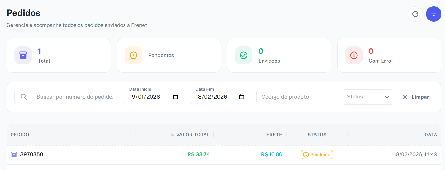 Tela de pedidos enviados