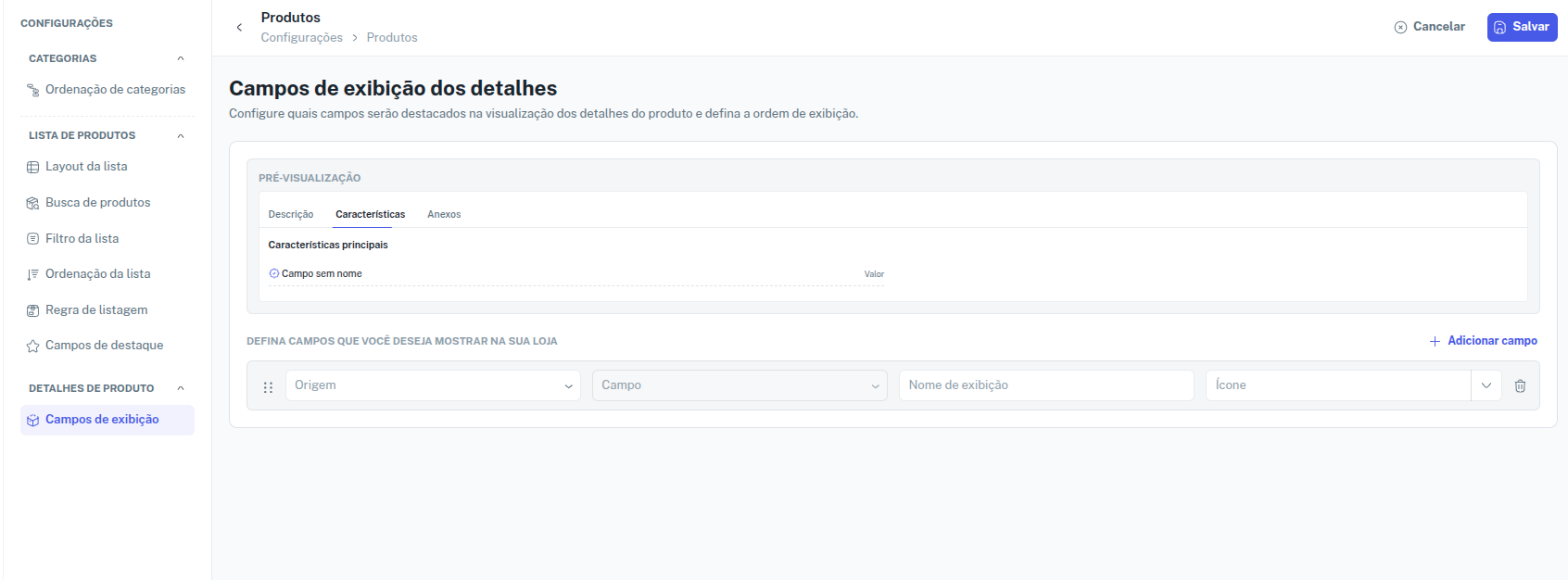 Configuração de detalhes do produto