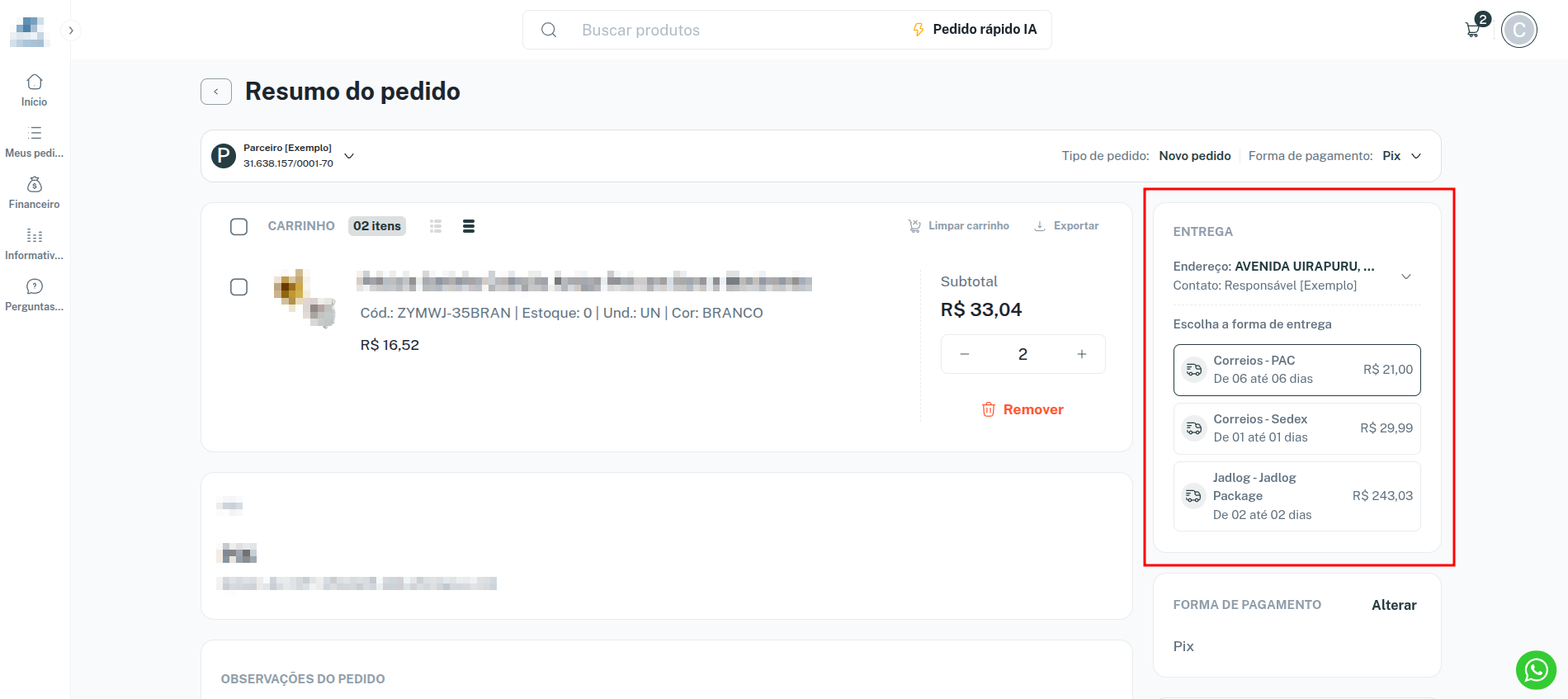 Exemplo de opções de frete no pedido