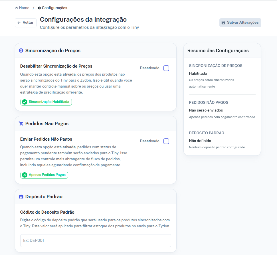 Tela de configurações da integração