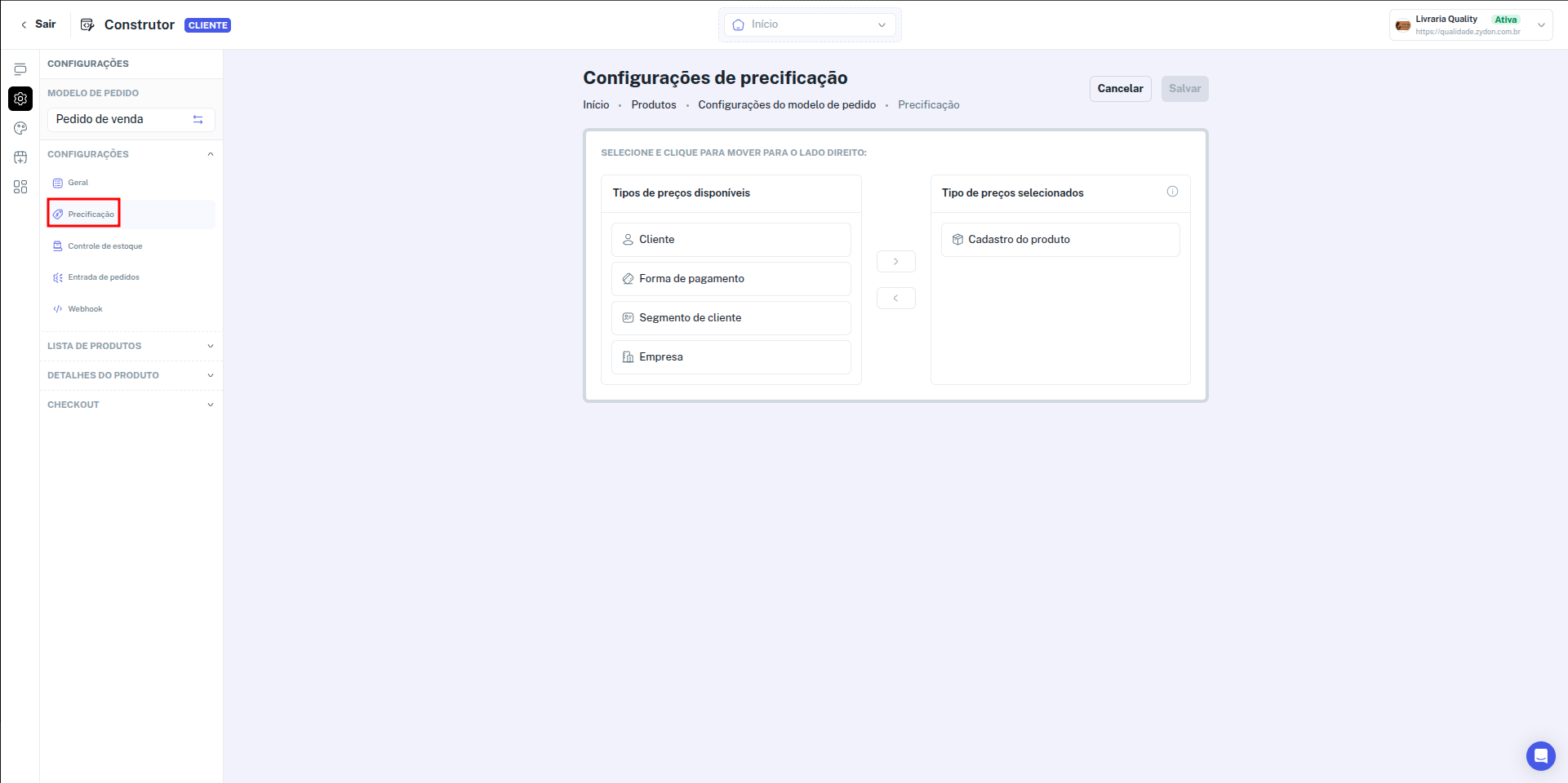 Configuração de Precificação