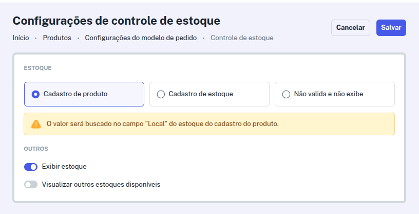 Estoque via Cadastro do Produto