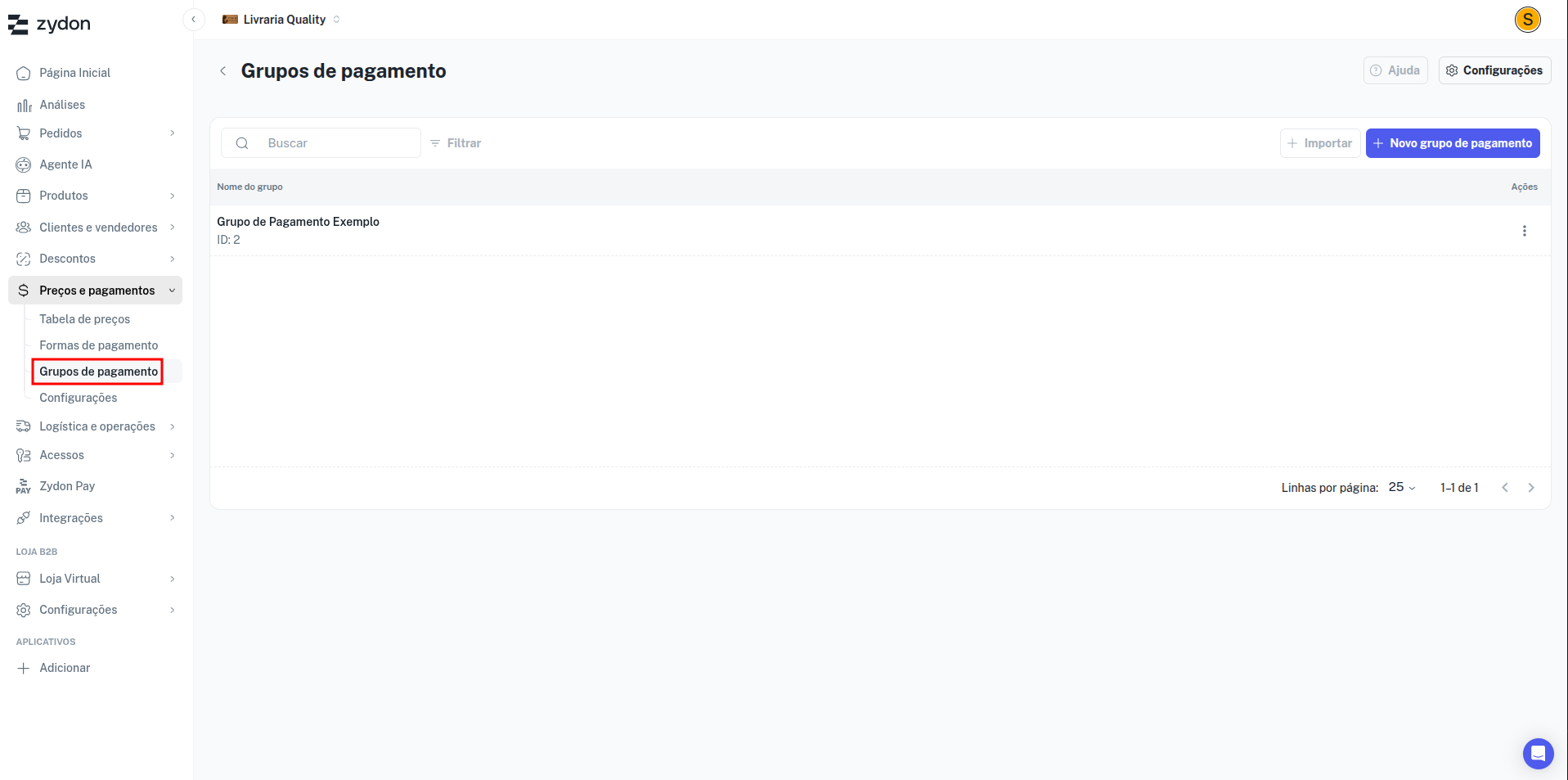 Tela de Grupos de Pagamento