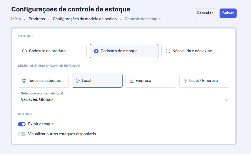 Estoque via Cadastro de Estoque