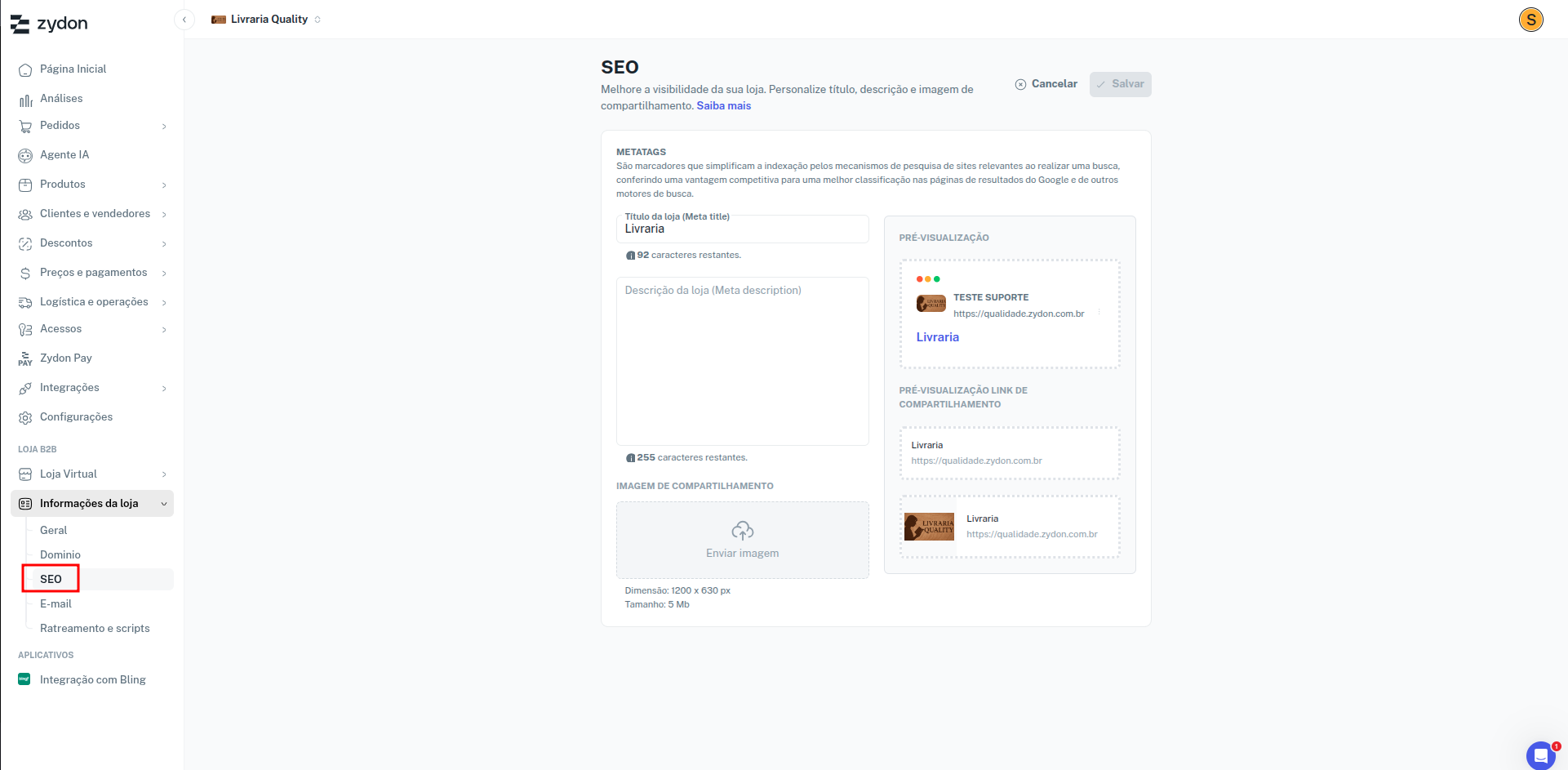 Tela de configuração de SEO na plataforma Zydon