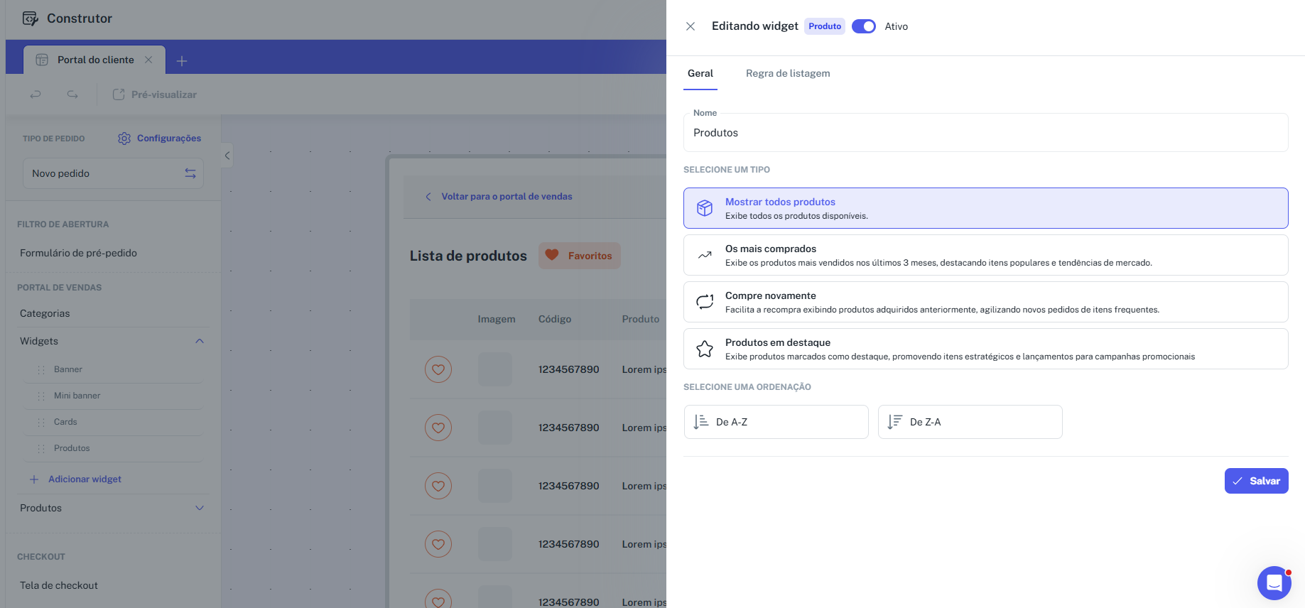 Tela de configuração de widget de produtos
