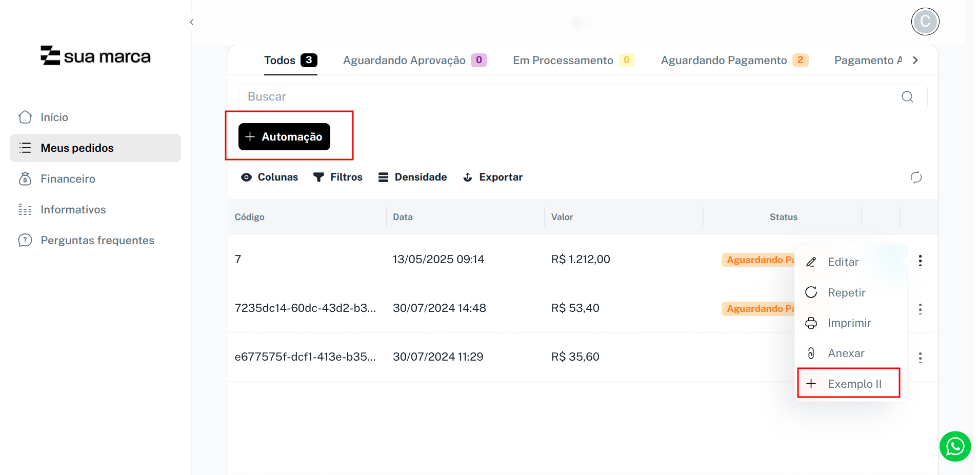 Botão de automação visível no portal
