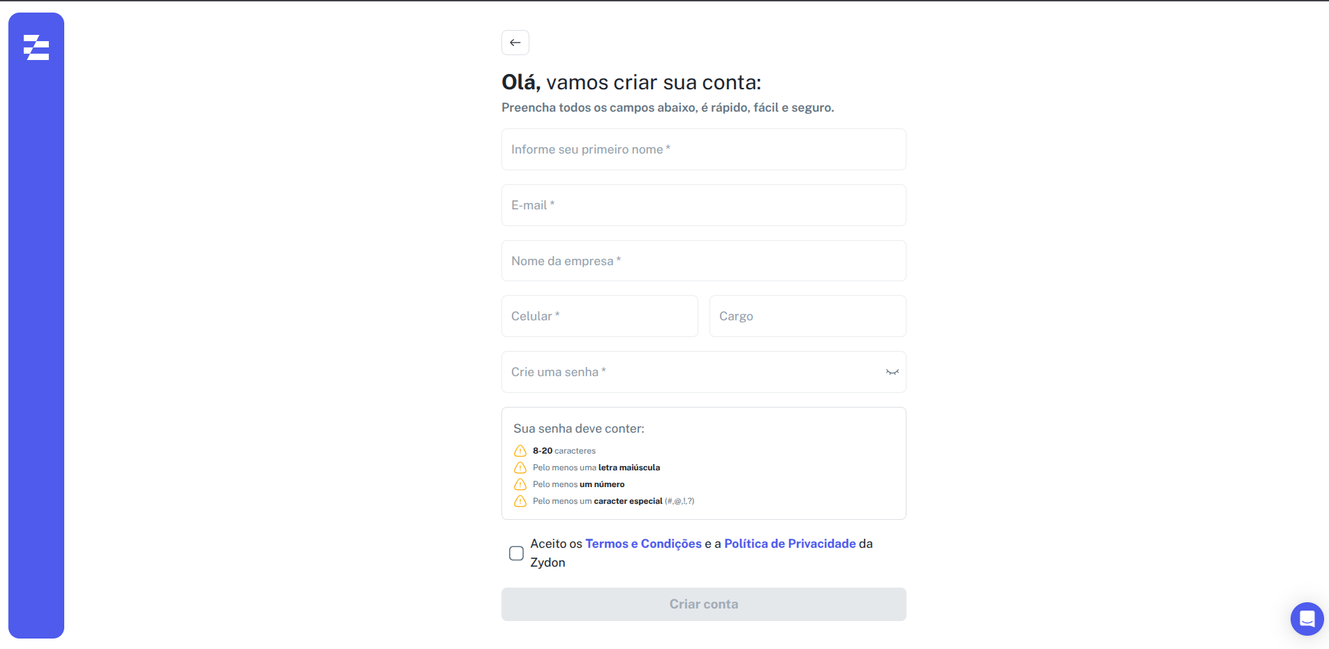 Informações iniciais da organização
