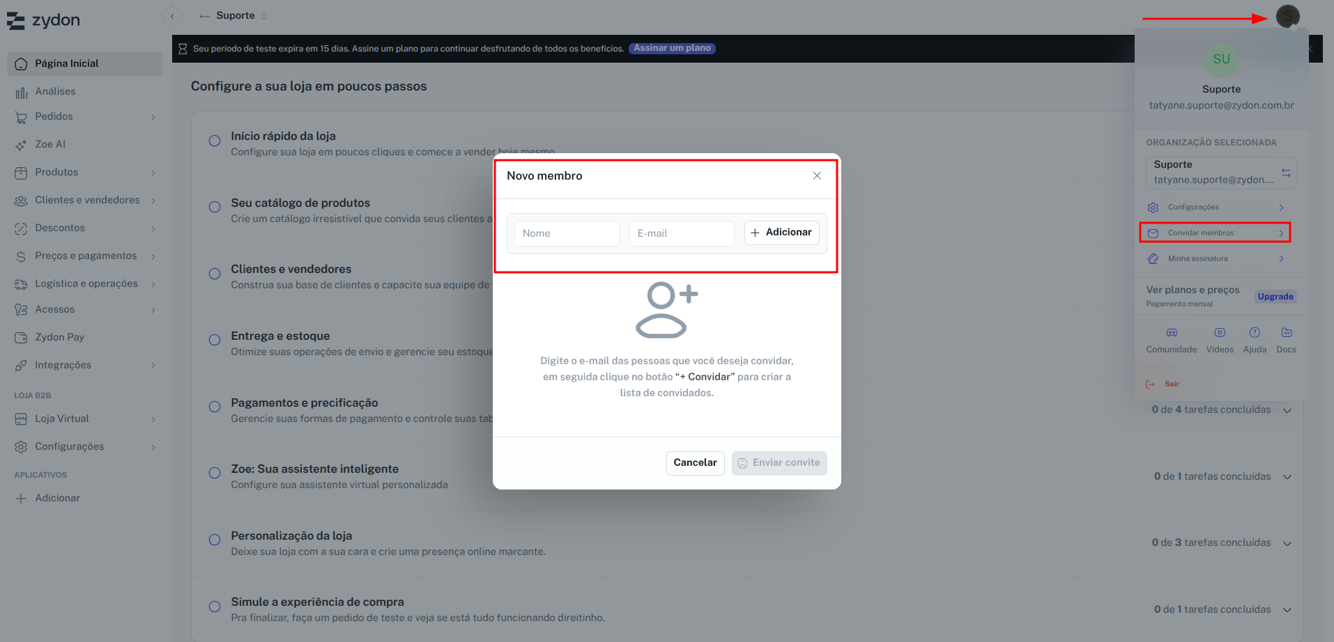 Pop-up de convite de membros