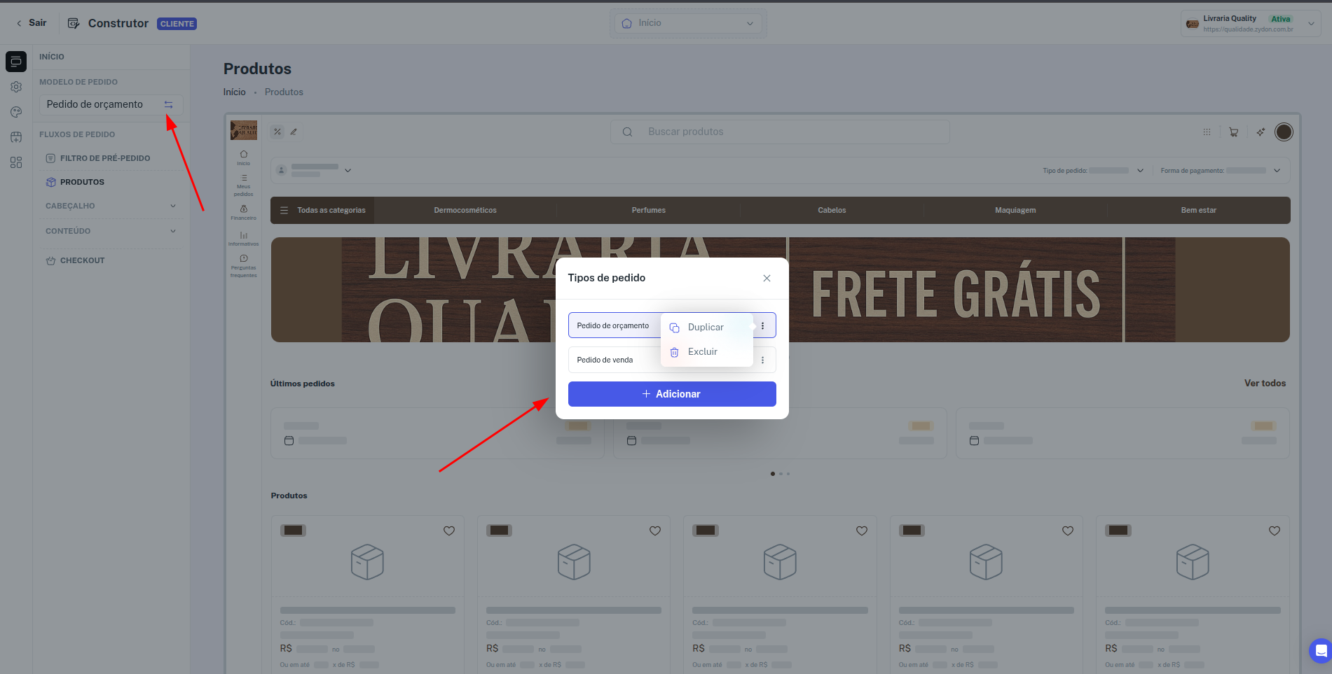 Opções de duplicar e excluir