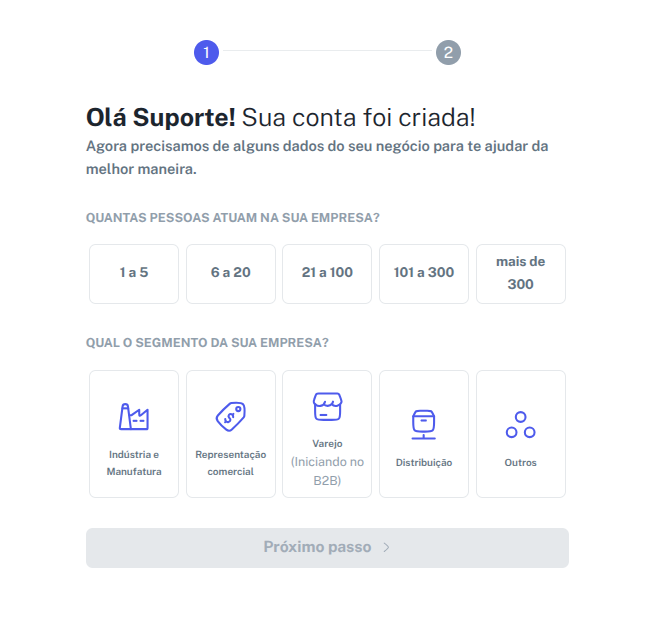Seleção de segmento e quantidade de funcionários