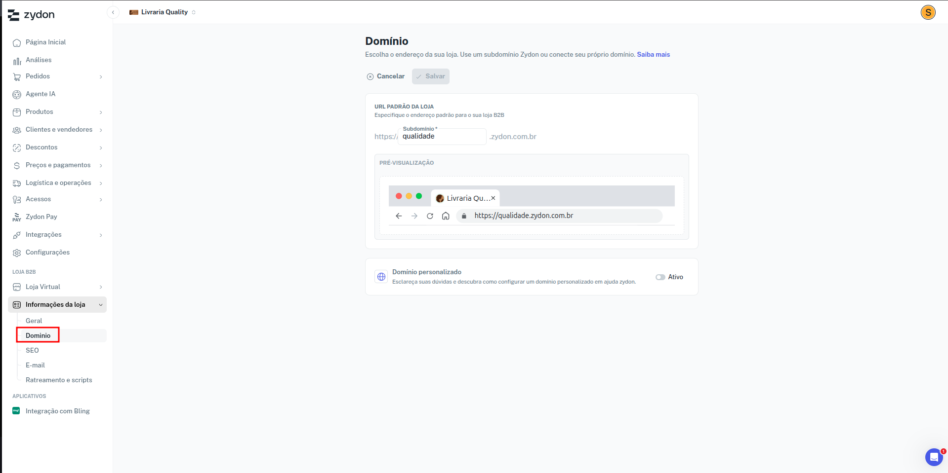 Tela de configuração de domínio