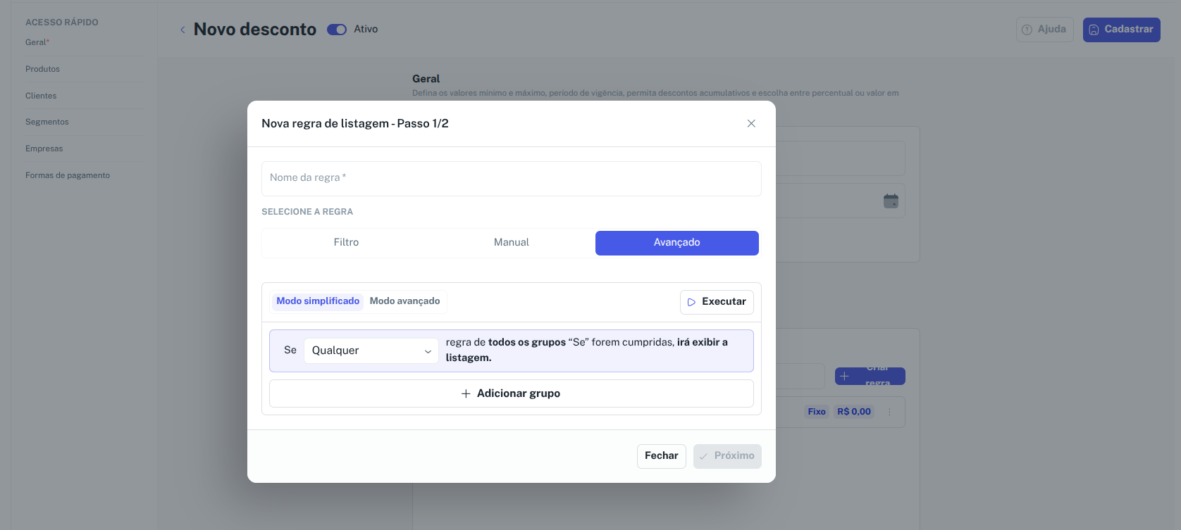 Preview da regra avançada