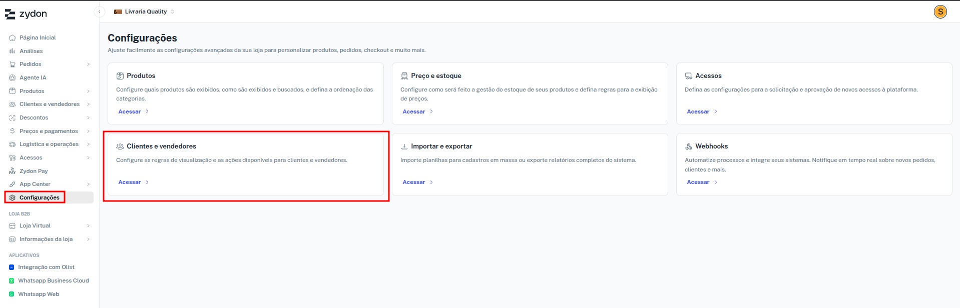 Tela de configurações de clientes e vendedores