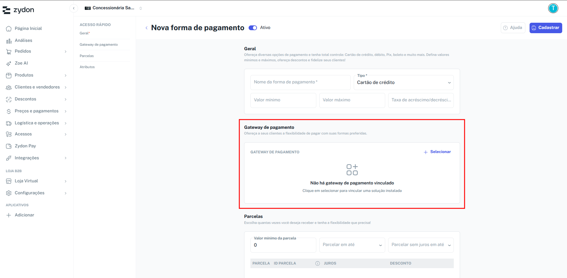 Tela de cadastro de forma de pagamento