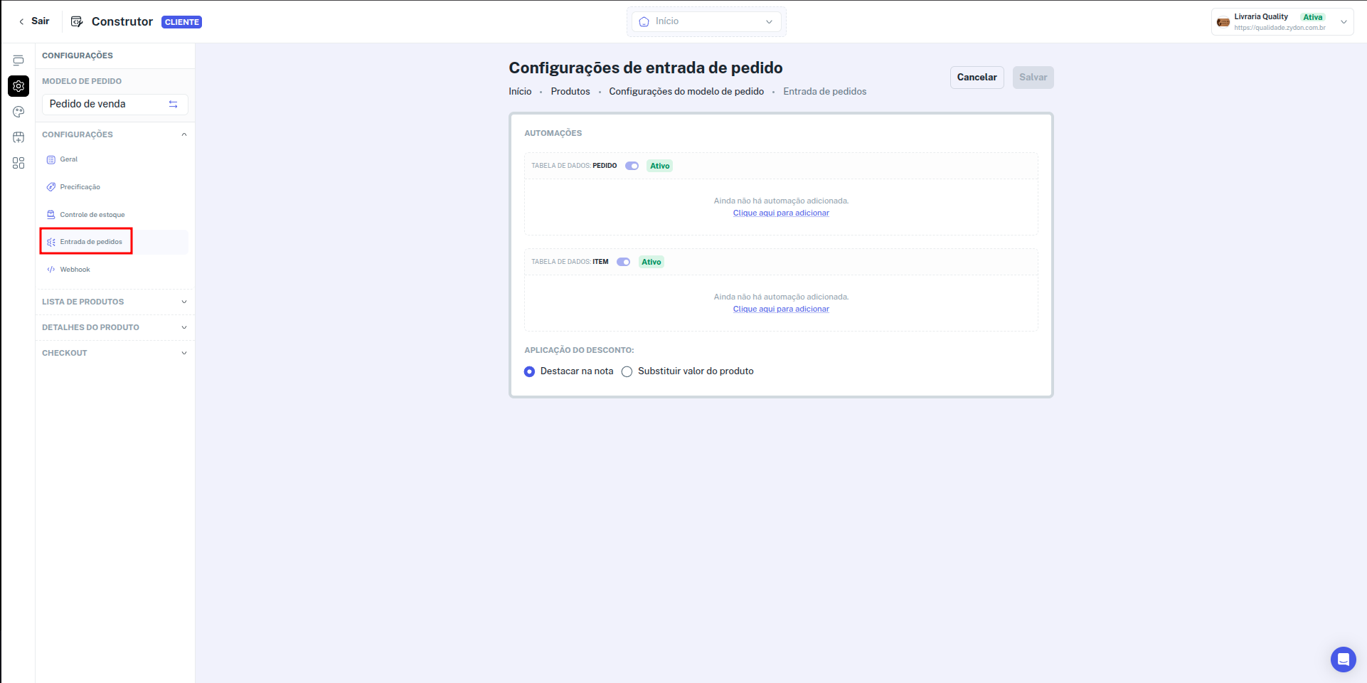 Configuração de entrada de pedido