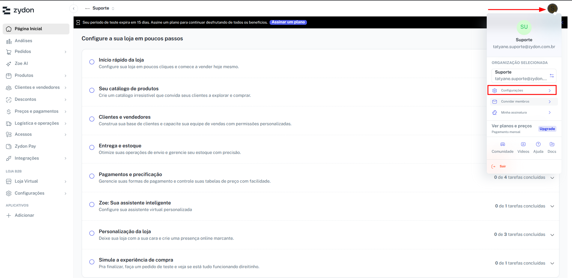 Caminho para configurações