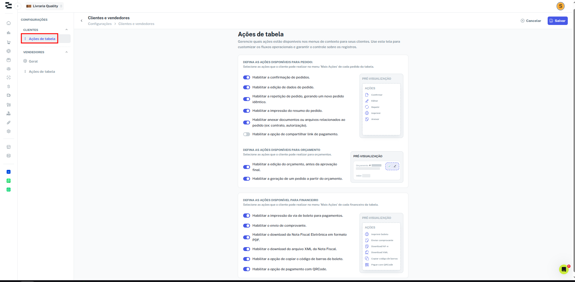 Configurações de ações de tabela para clientes