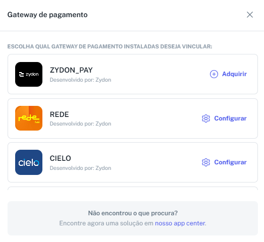 Seleção de Gateways disponíveis