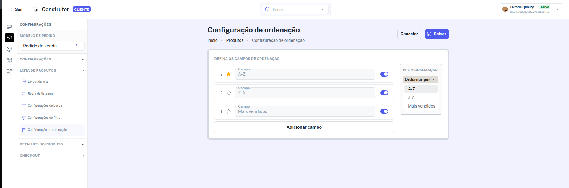Opção de ordenação na lista de produtos