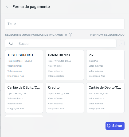 Lista de formas de pagamento