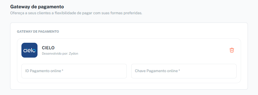 Preenchimento de credenciais do gateway