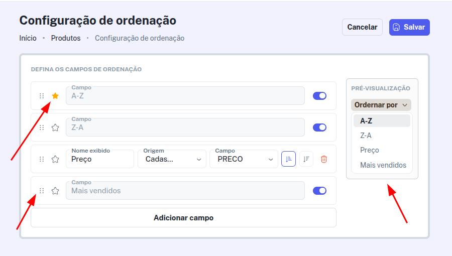 Configuração de ordenação e estrela de padrão