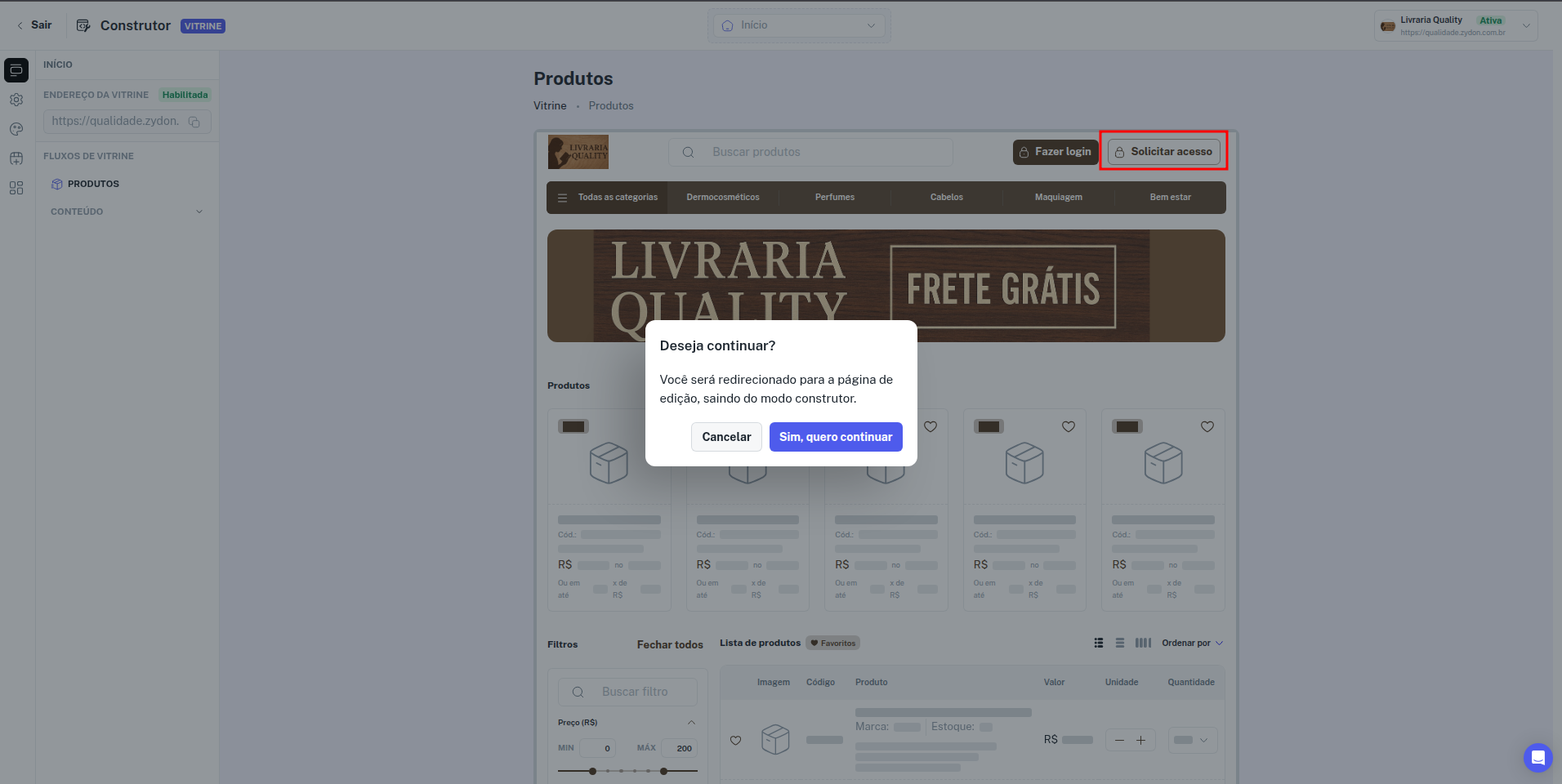 Configuração de vitrine