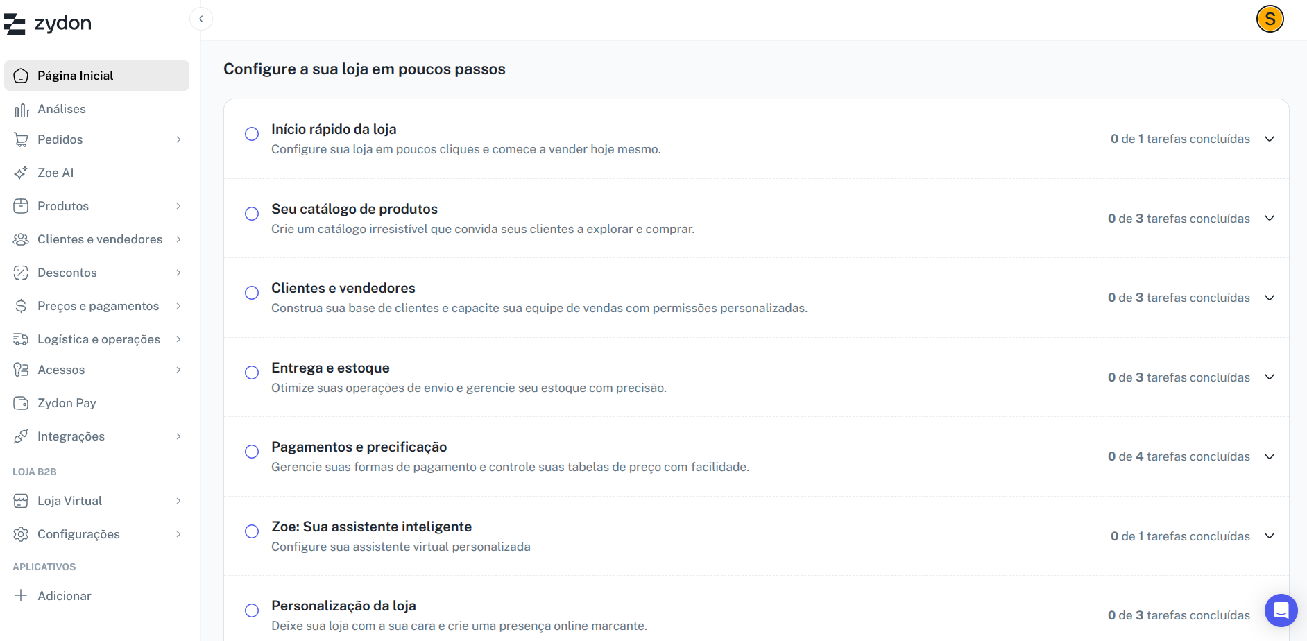 Tela inicial da organização