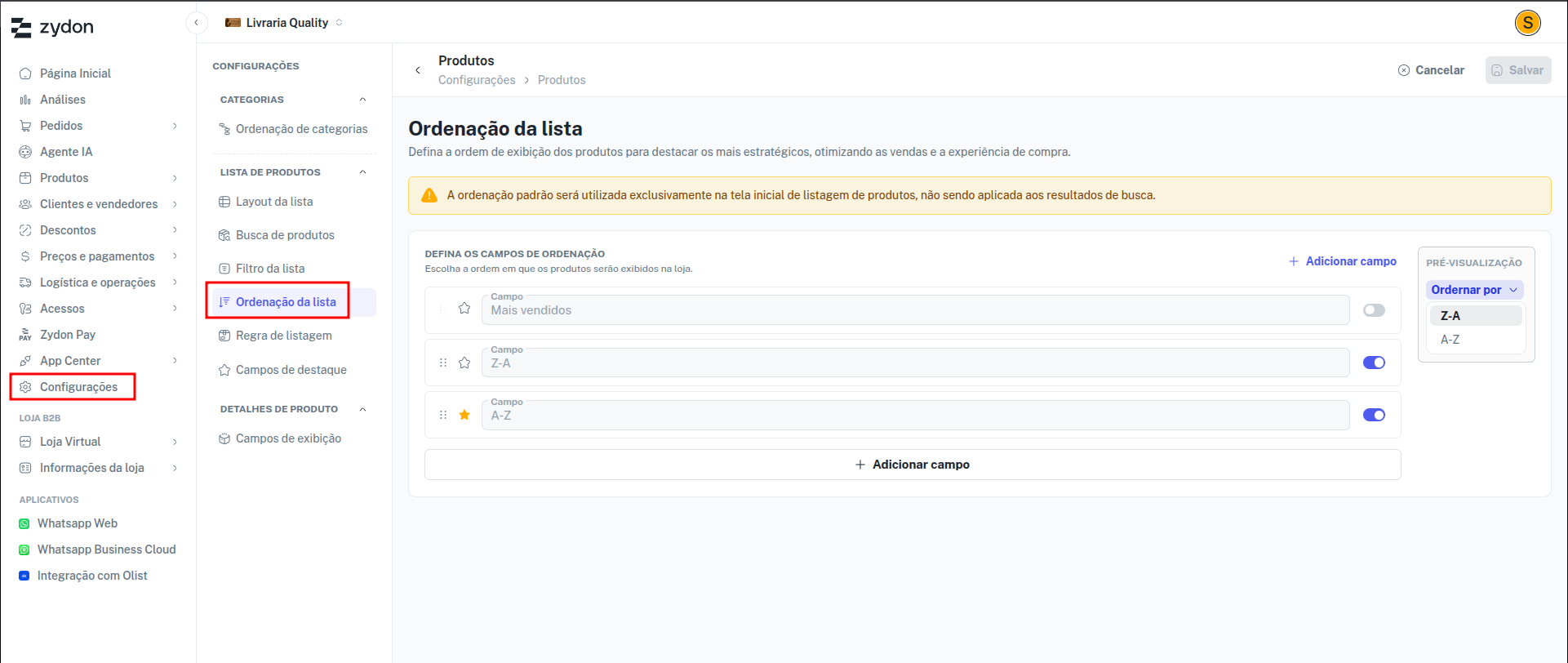 Menu de configurações de produtos